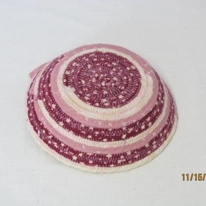 Round Pink And Burgundy Cotton Fabric Coil Bowl..
