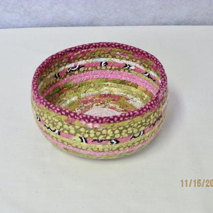 Pink And Green Cotton Fabric Coil Bowl Basket