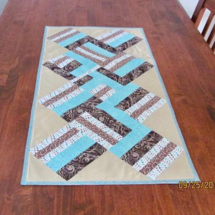 Brown And Aqua Cotton Quilted Table Runner