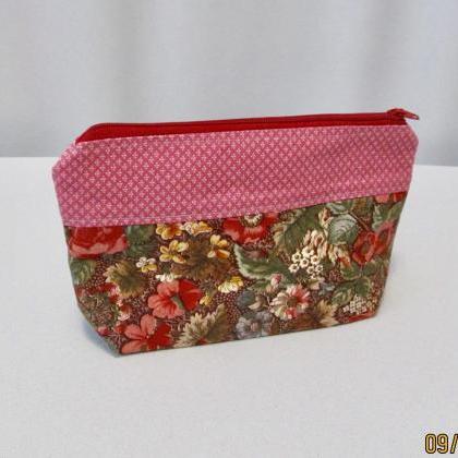 Red And Brown Zippered Bag/pouch Makeup Notions