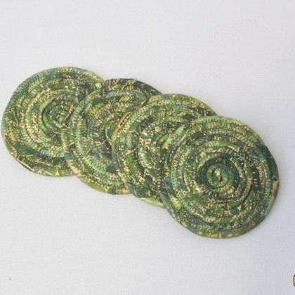 Green And Gold Coaster Set Of Four Cotton Fabric..