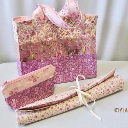 3 Piece Knitting/crochet Project Bag With Needle..