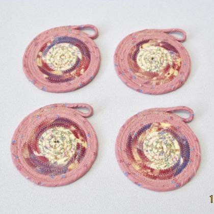 Cotton Fabric Coil Coaster Set Of Four Pink And..