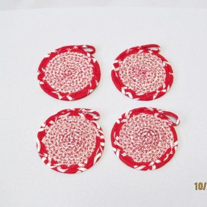Coaster Set Of Four Red And White Cotton Fabric..