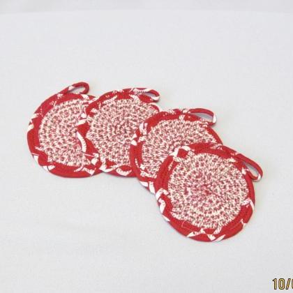 Coaster Set Of Four Red And White Cotton Fabric..