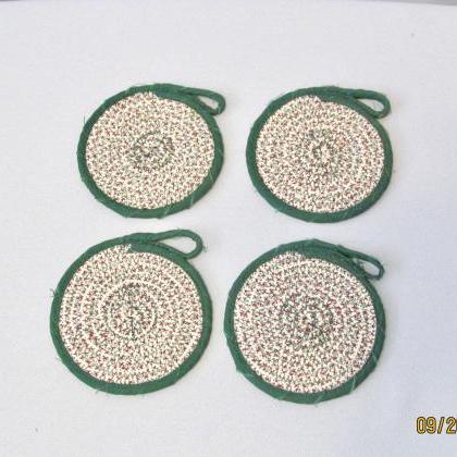 Set Of Four Cotton Fabric Coasters Red And Green..