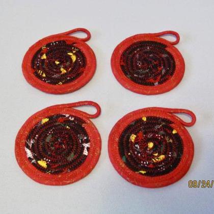 Set Of Four Cotton Fabric Red And Black Round..