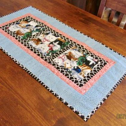 Quilted Cotton Fabric Table Runner Topper Kittens..
