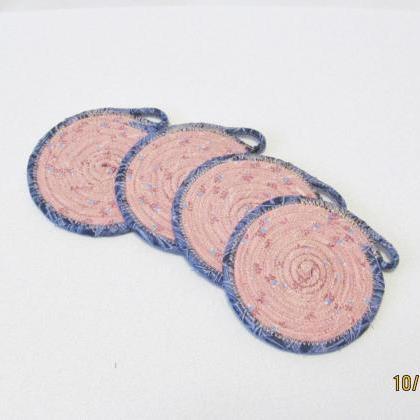 Coaster Set Of Four Cotton Fabric Coil Pink And..