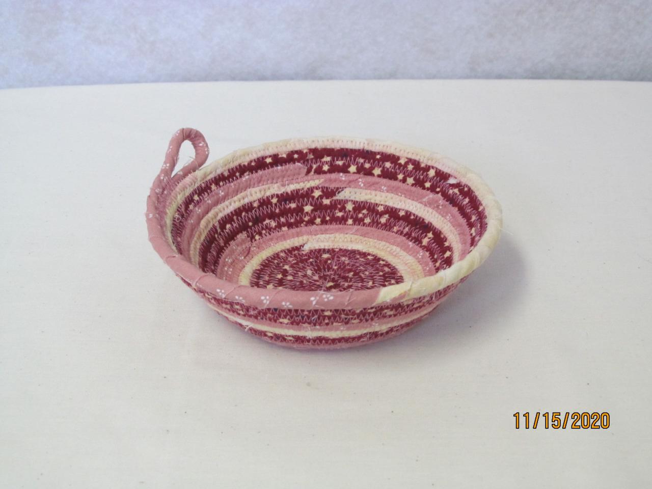 Round Pink And Burgundy Cotton Fabric Coil Bowl Basket