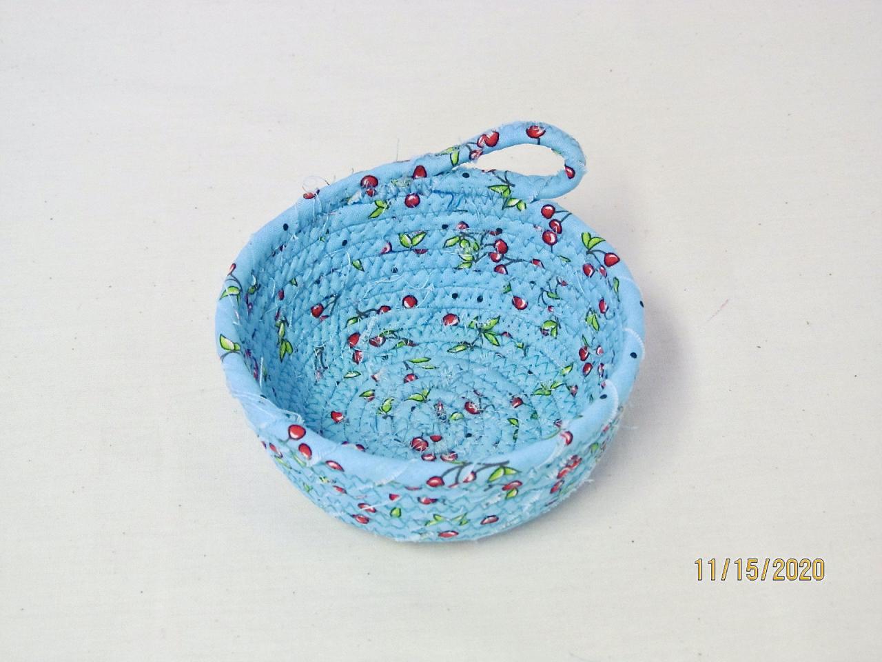 Small Round Blue Cotton Fabric Coil Bowl Basket