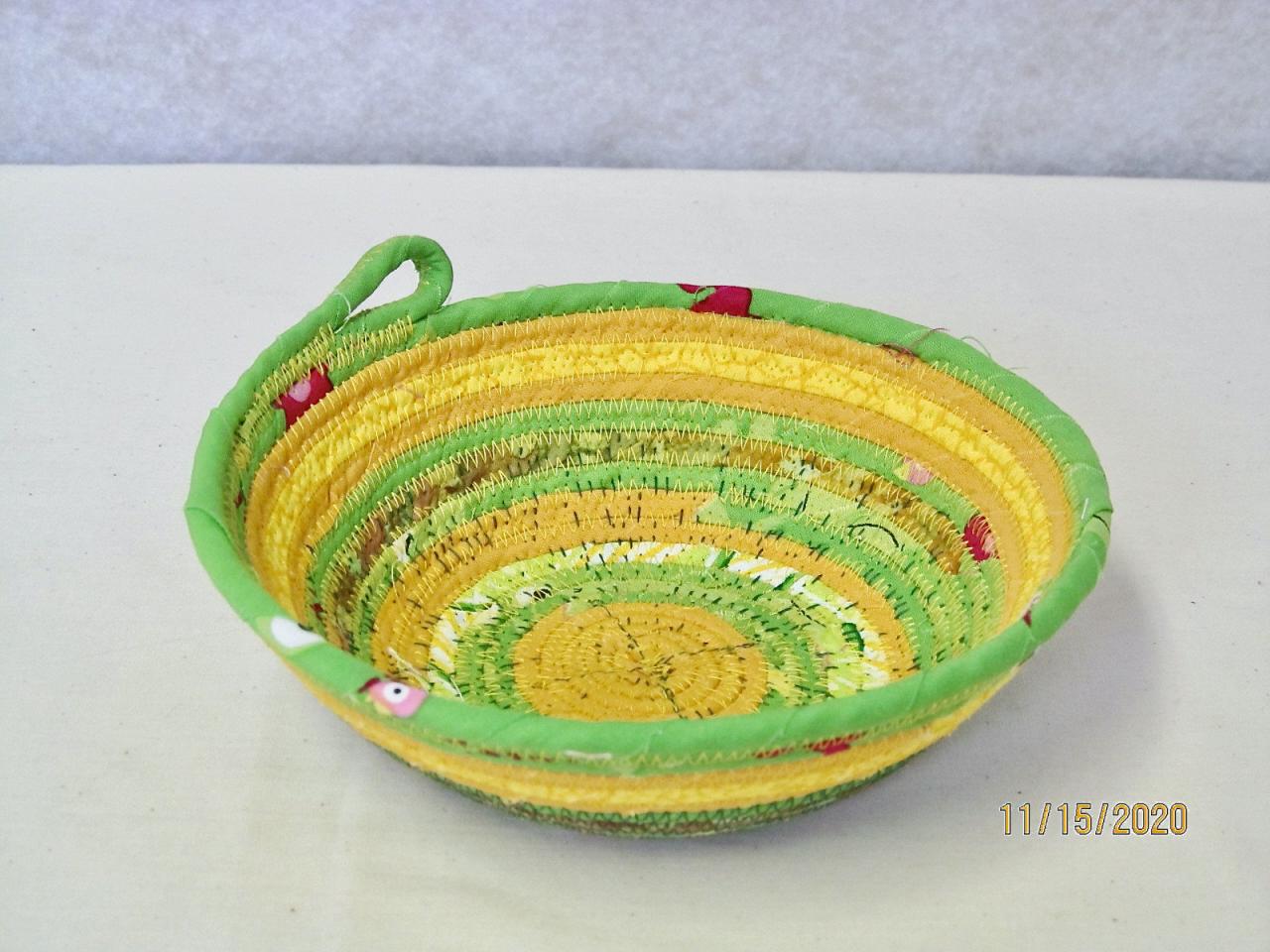 Yellow And Green Cotton Fabric Coil Bowl Basket