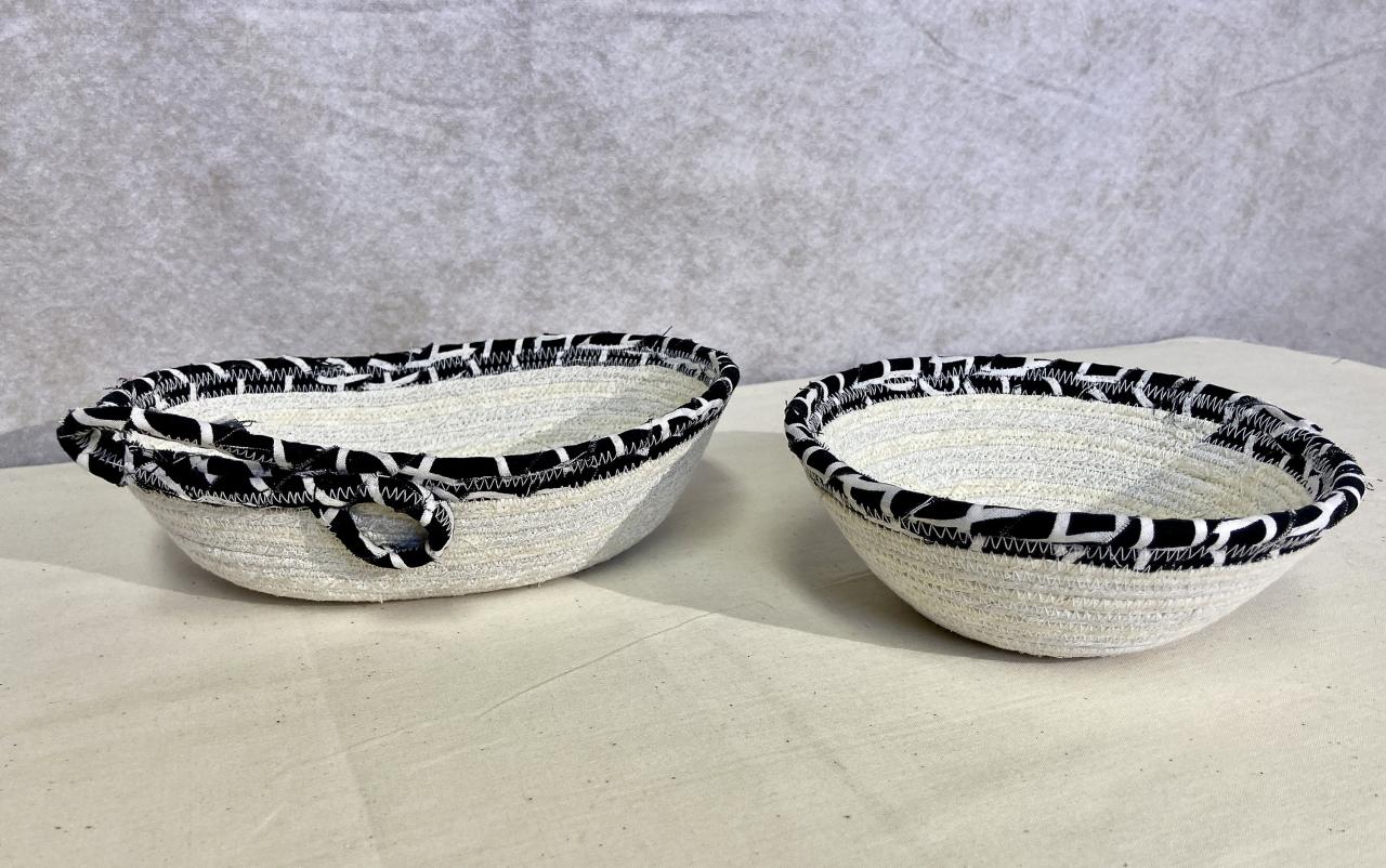 Set Of 2 Cotton Fabric Coil Bowls Baskets White With Black