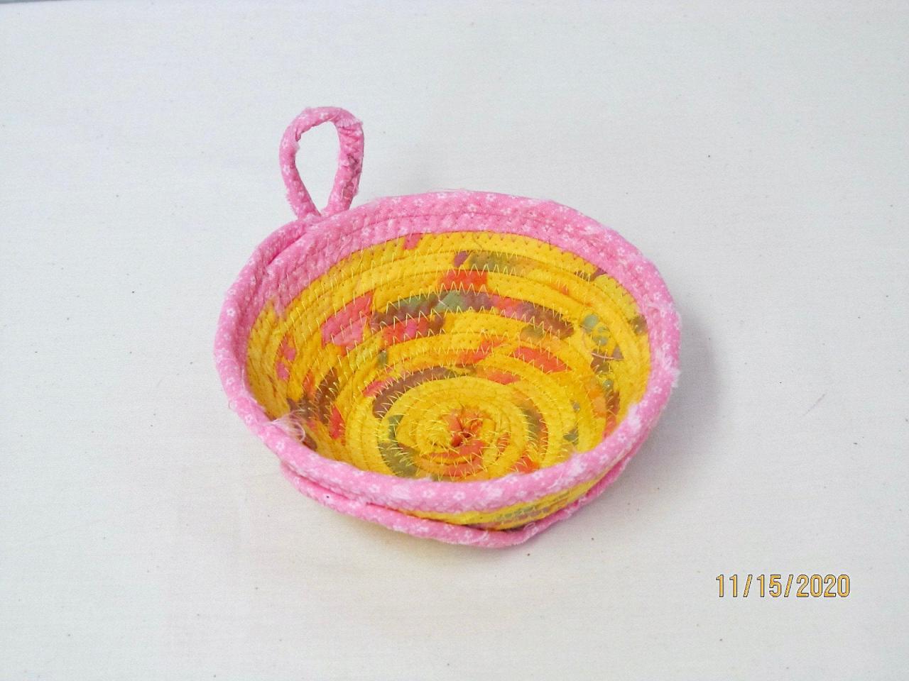 Yellow And Pink Cotton Fabric Coil Bowl