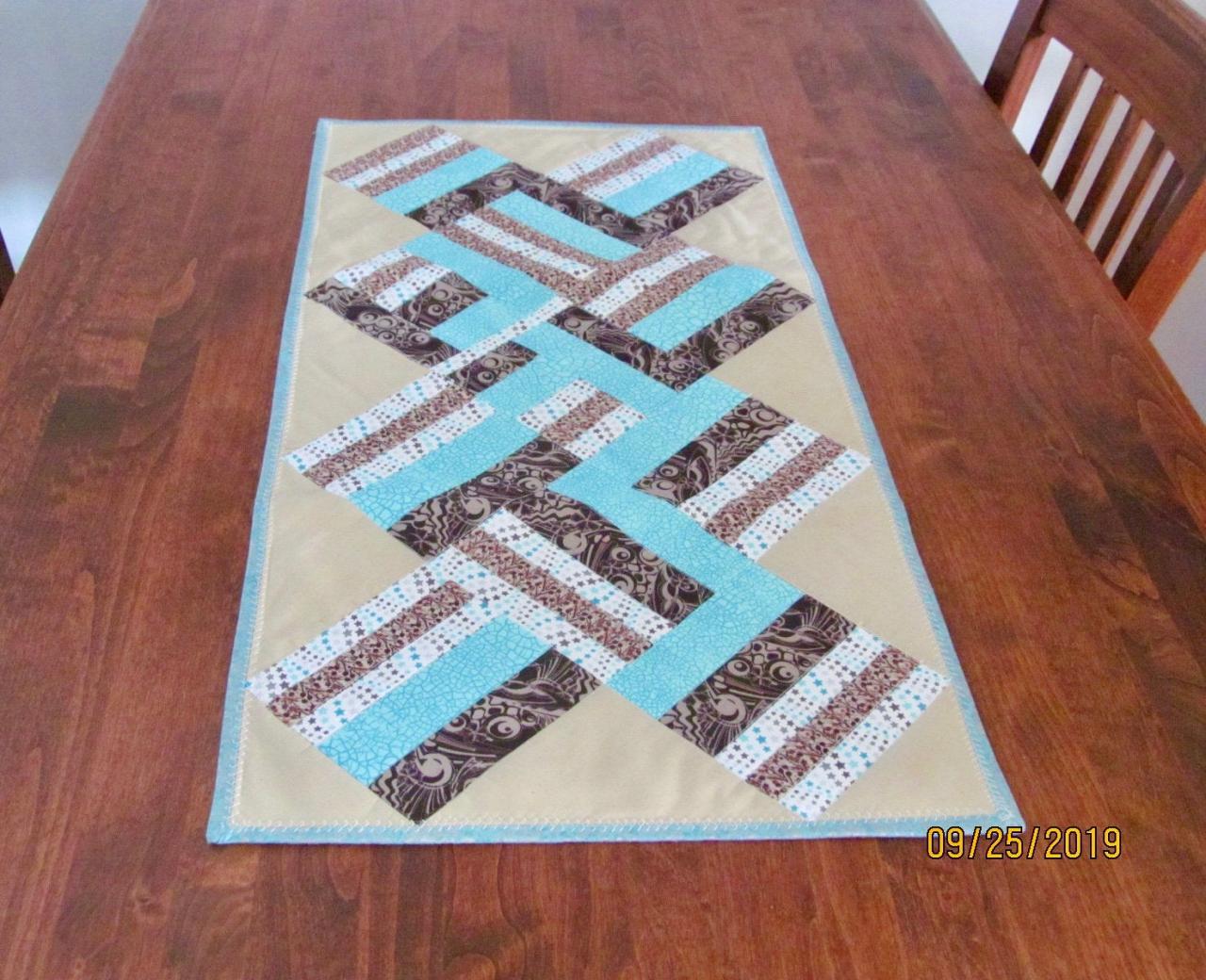 Brown And Aqua Cotton Quilted Table Runner