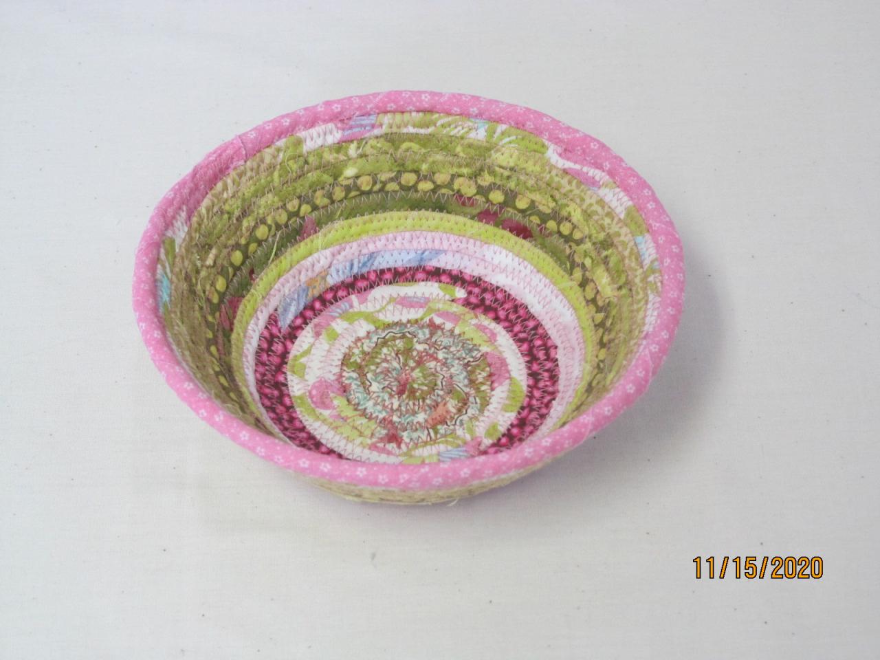 Round Cotton Fabric Coil Bowl Basket Pink And Green