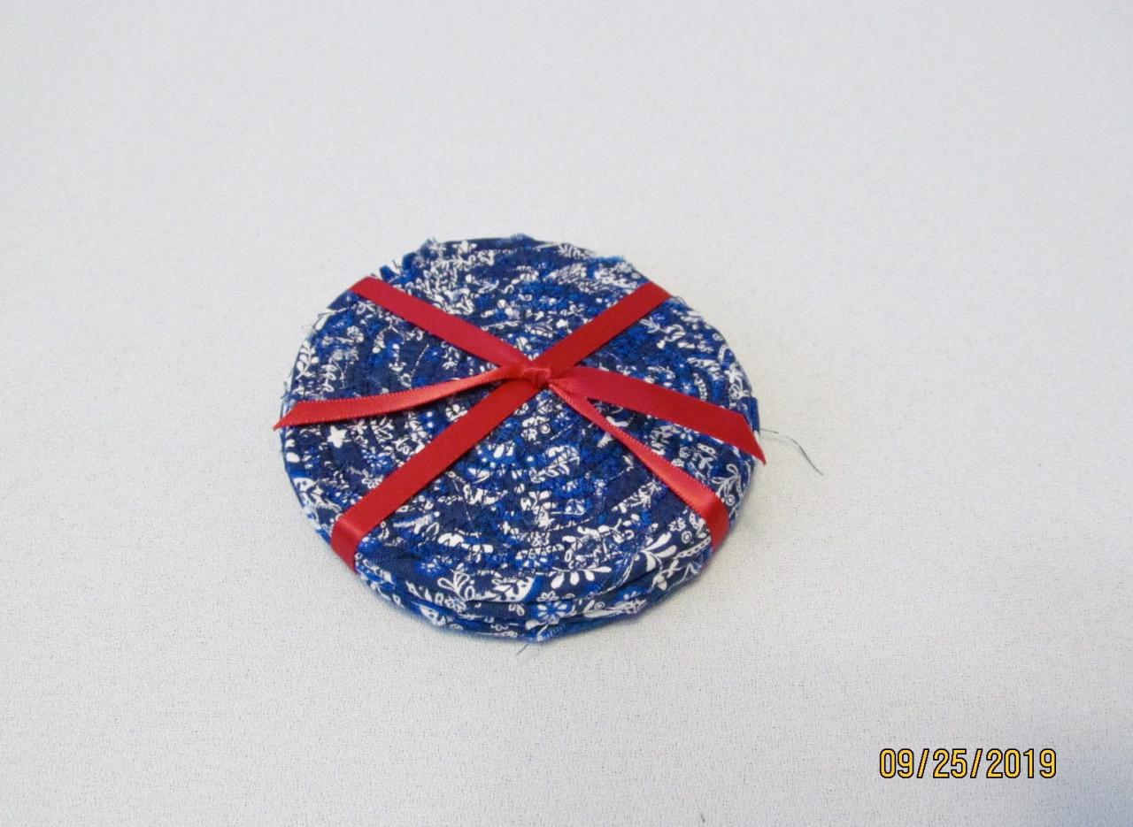 Blue And White Round Coasters Cotton Fabric Coil Cord Set Of Four