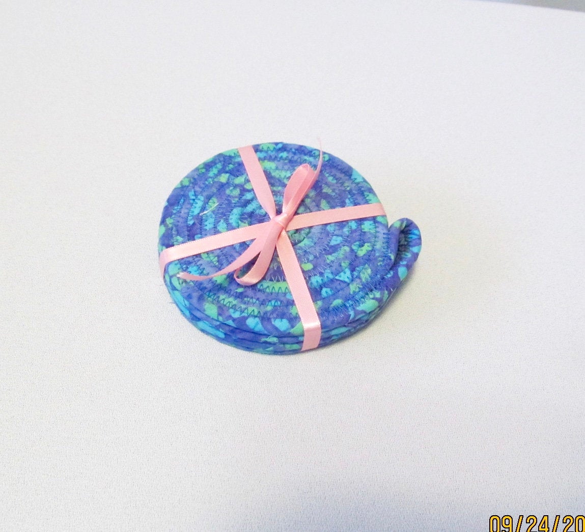 Blue Purple And Green Round Coaster Set Of Four Cotton Fabric Coil