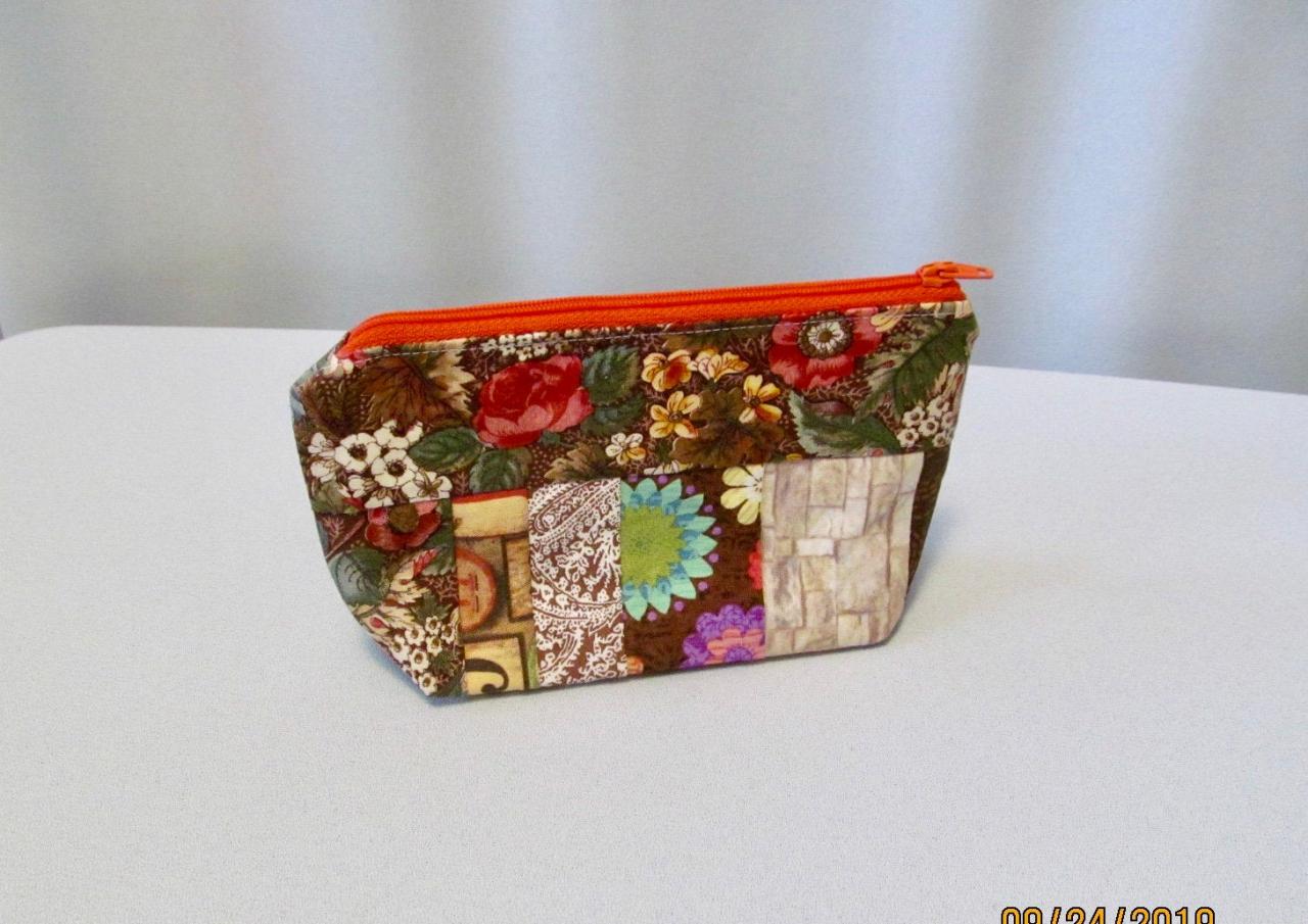 Brown And Orange Zippered Bag Pouch For Makeup/notions