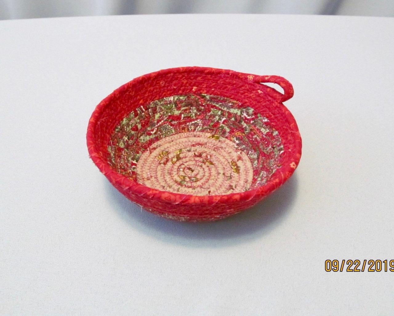 Cotton Fabric Coil Bowl/basket Pink, Mauve And Green