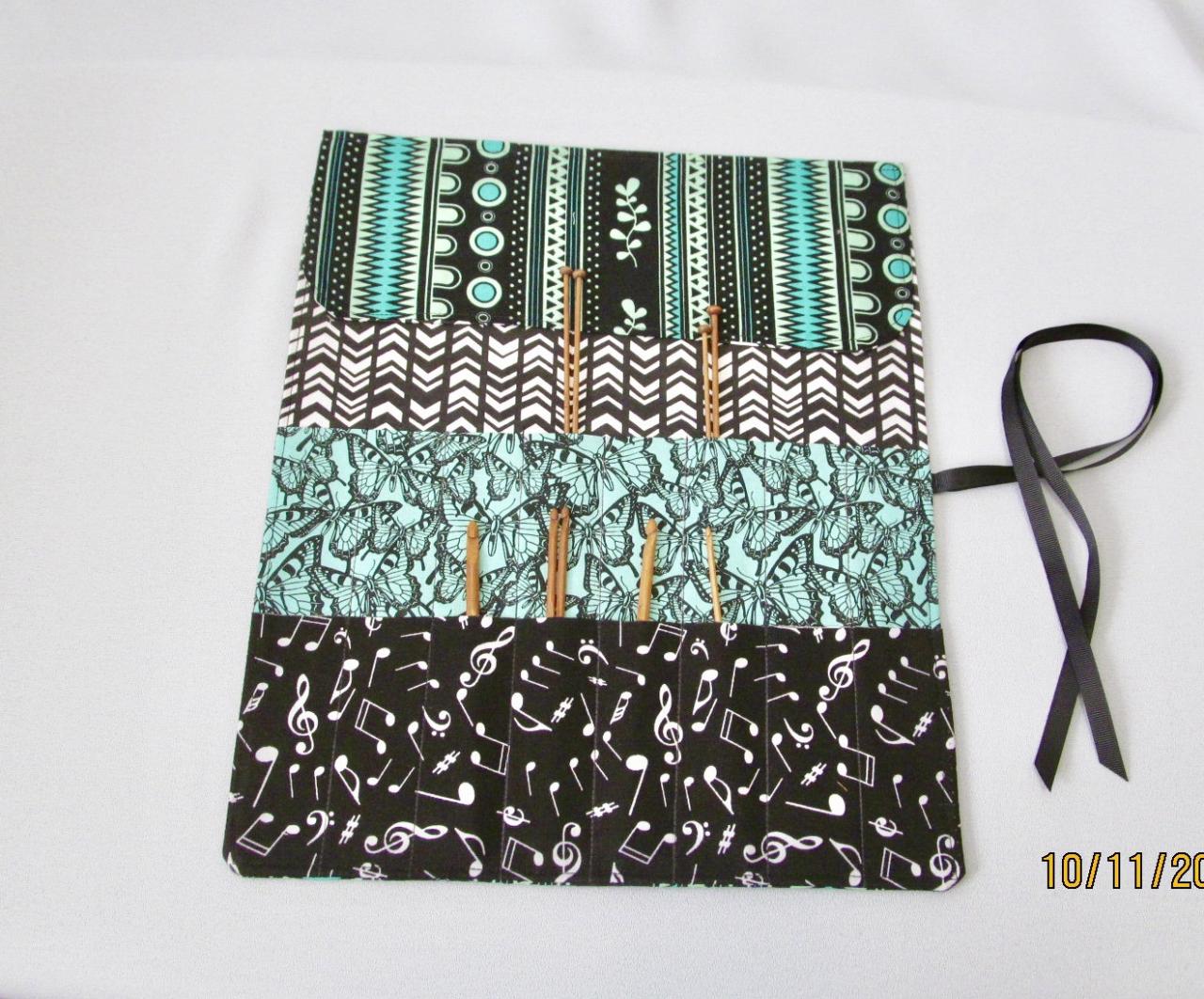 Knitting Needle/crochet Hook Organizer Black And Green Cotton Fabric Roll-up
