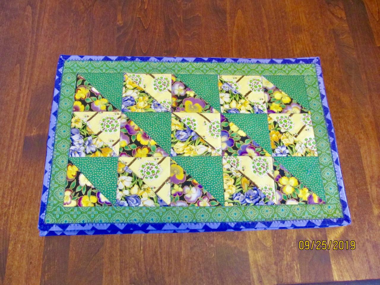 Placemat Set Of Four Quilted Cotton Fabric Green, Yellow And Purple