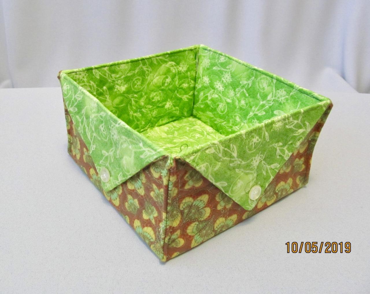 Green And Gold Cotton Fabric Quilted Box Square Storage Organizer