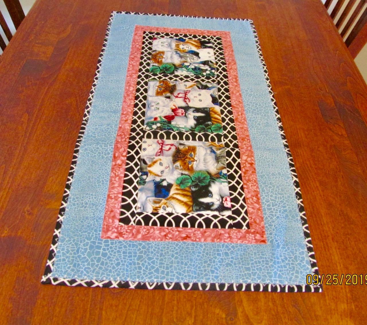 Quilted Cotton Fabric Table Runner Topper Kittens Blue Black White