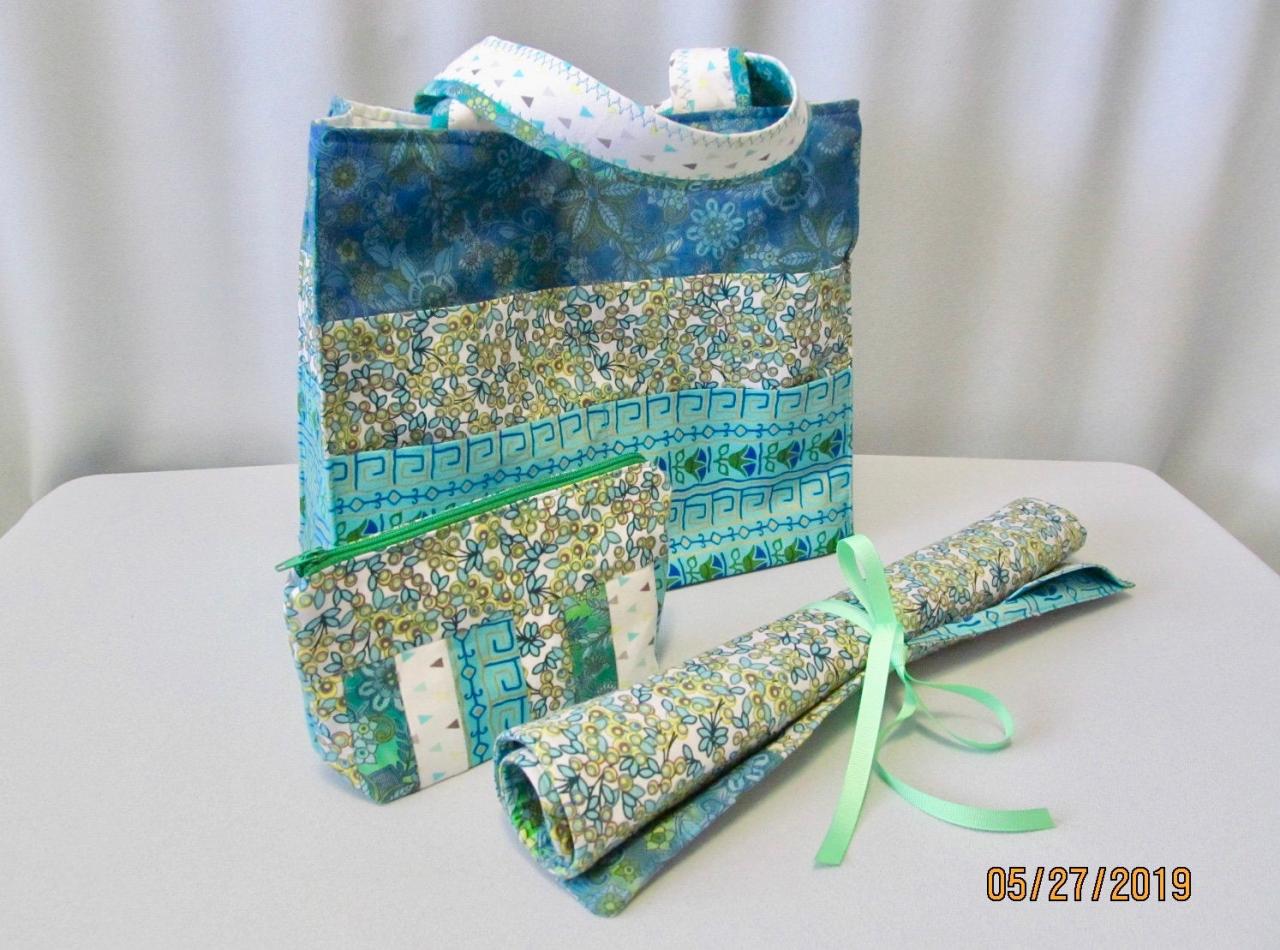 Aqua And Green Cotton Fabric Knit/crochet Project Bag With Needle Organizer And Notions Bag