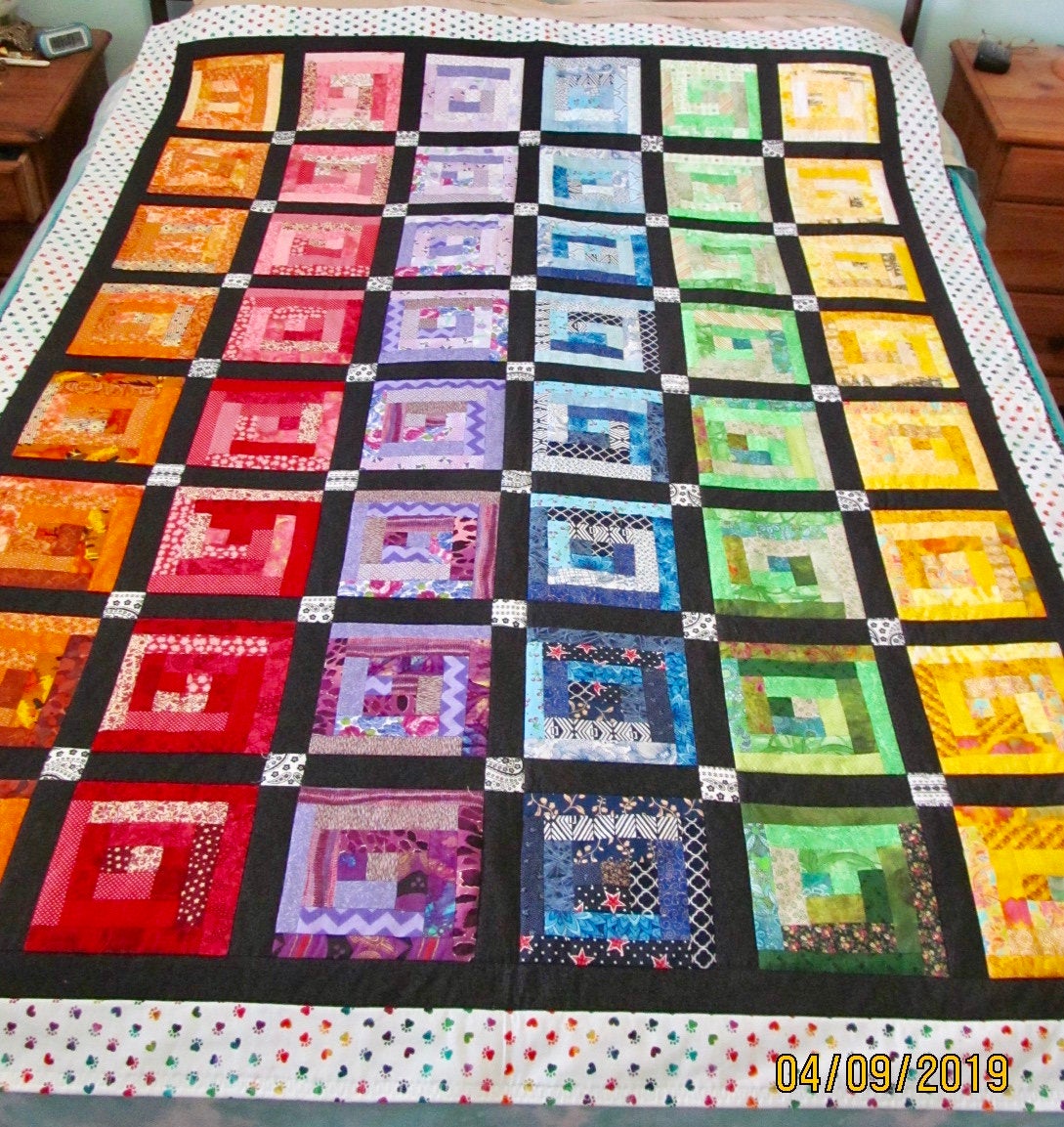 Lap Throw Quilt Rainbow Colors Log Cabin Pattern Twin Bed