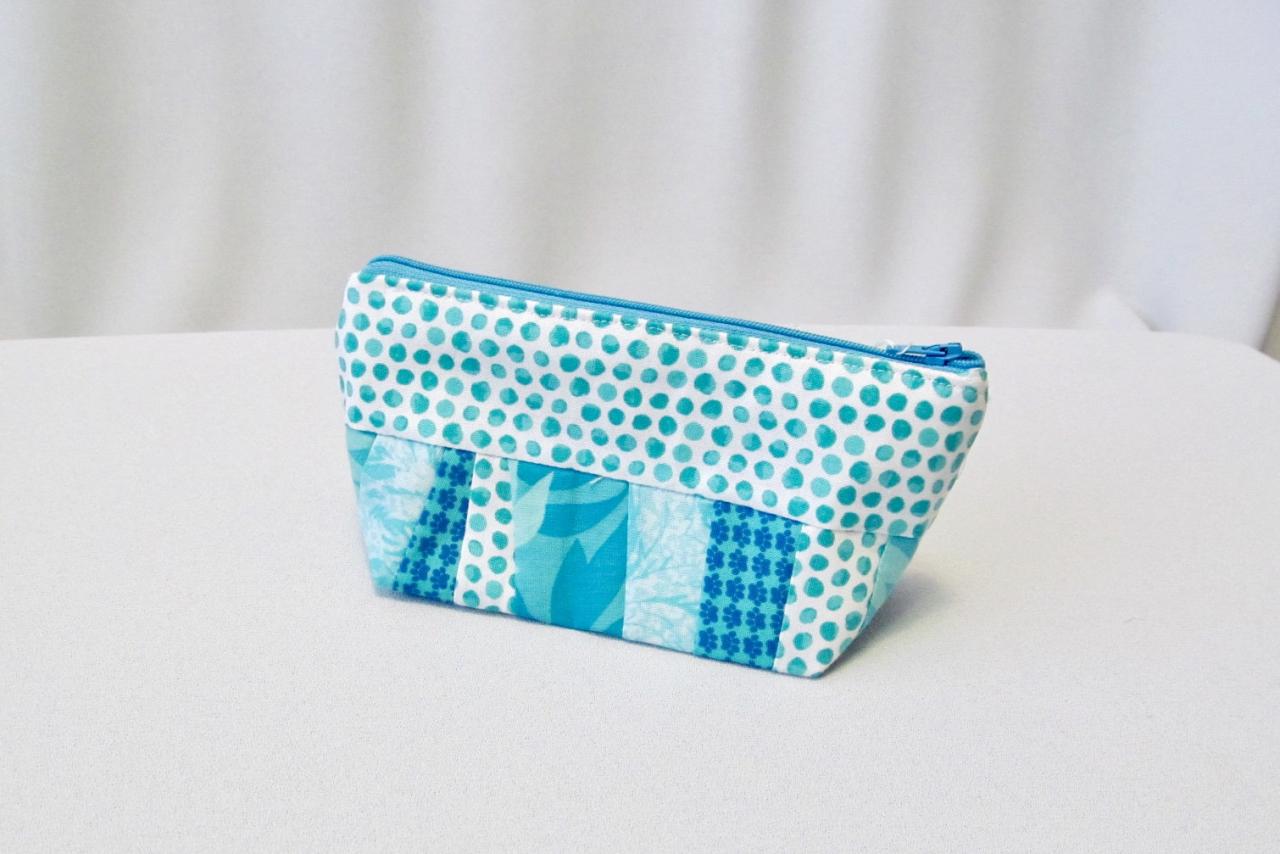 Turquoise Zippered Makeup Notions Bag Cotton Fabric